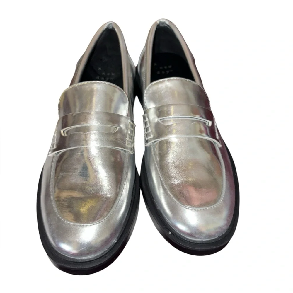 Patent Silver Loafers black lug sole flats slip on shoes 6.5